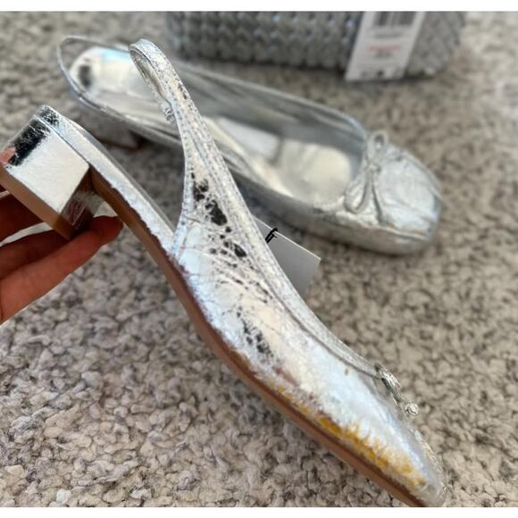 β¨ MANGO Metallic Silver Slingback Heels NWT | Bow Block Heel 8.5 / 39 - Picture 7 of 13